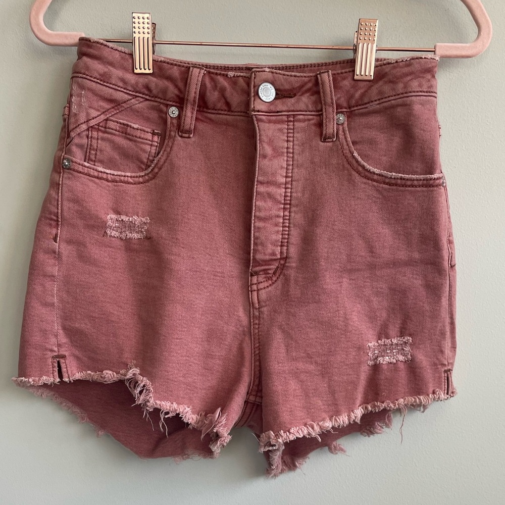Free People We The Free Distressed Raw Hem High Waist Pink Curvy Denim Shorts